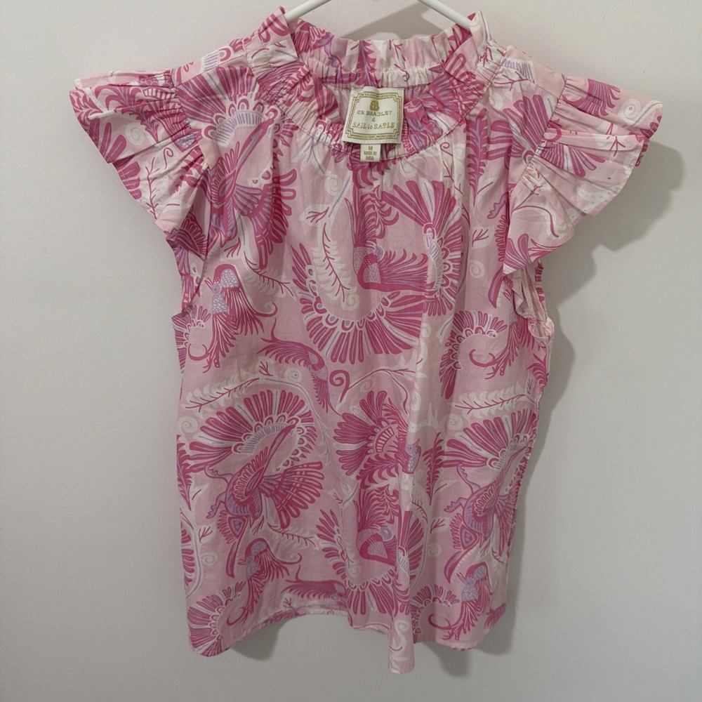 CK Bradley Blouse Women Size M Pink Like New Ruffle Bird Sleeveless Top